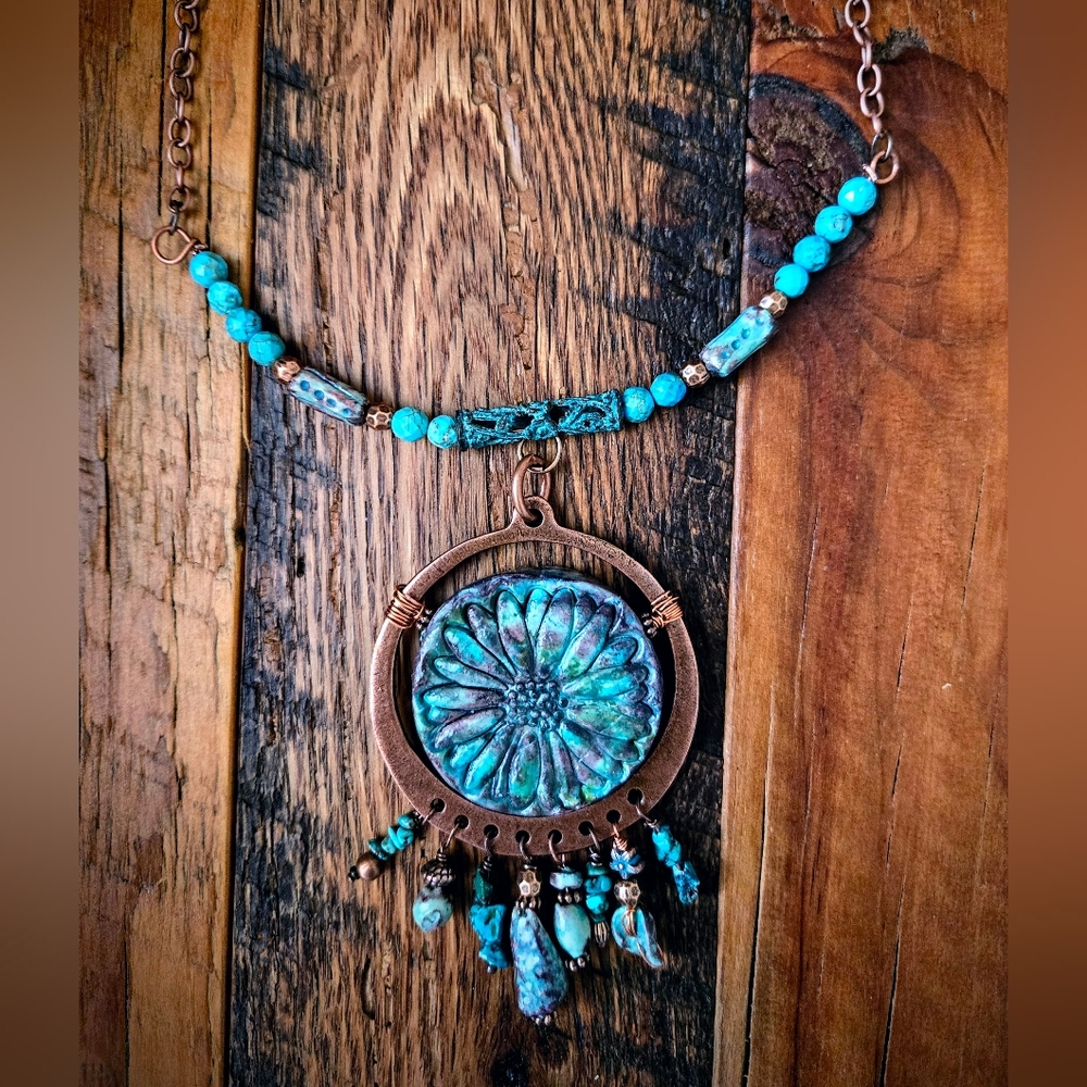 Rugged & Weathered Roman Inspired Empress Verdigris Clay & Turquoise Necklace - Picture 4 of 11